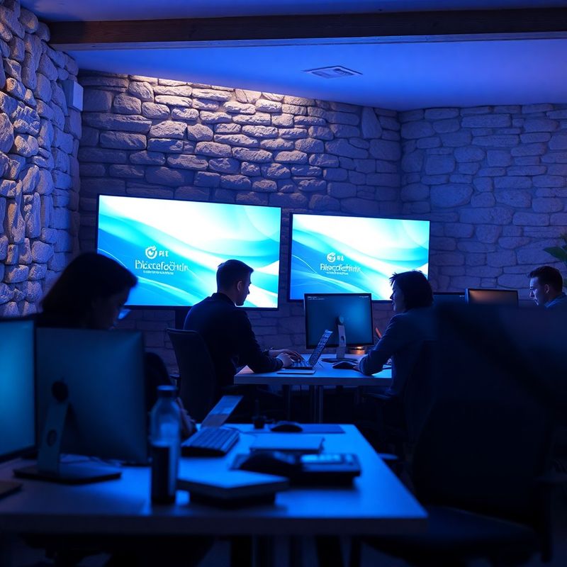 Small focused engineering team at indigo-illuminated workstations in a Slovenian office