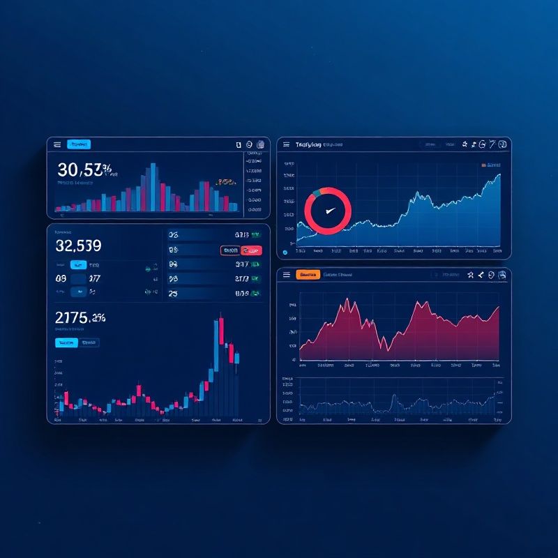 Modular trading terminal feature panels arranged on a deep indigo background