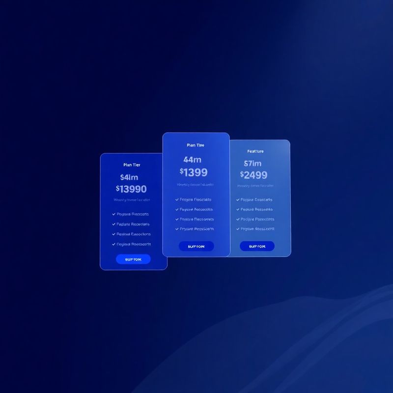 Three translucent indigo pricing cards floating on a deep navy gradient
